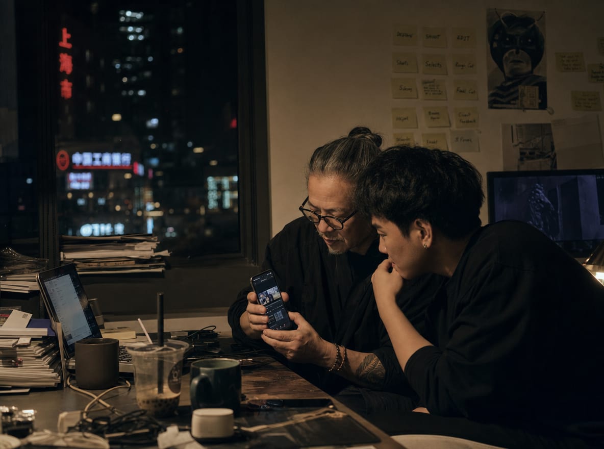 A senior creative director discussing a vertical phone playback with an editor in a dim warm-lit suite.