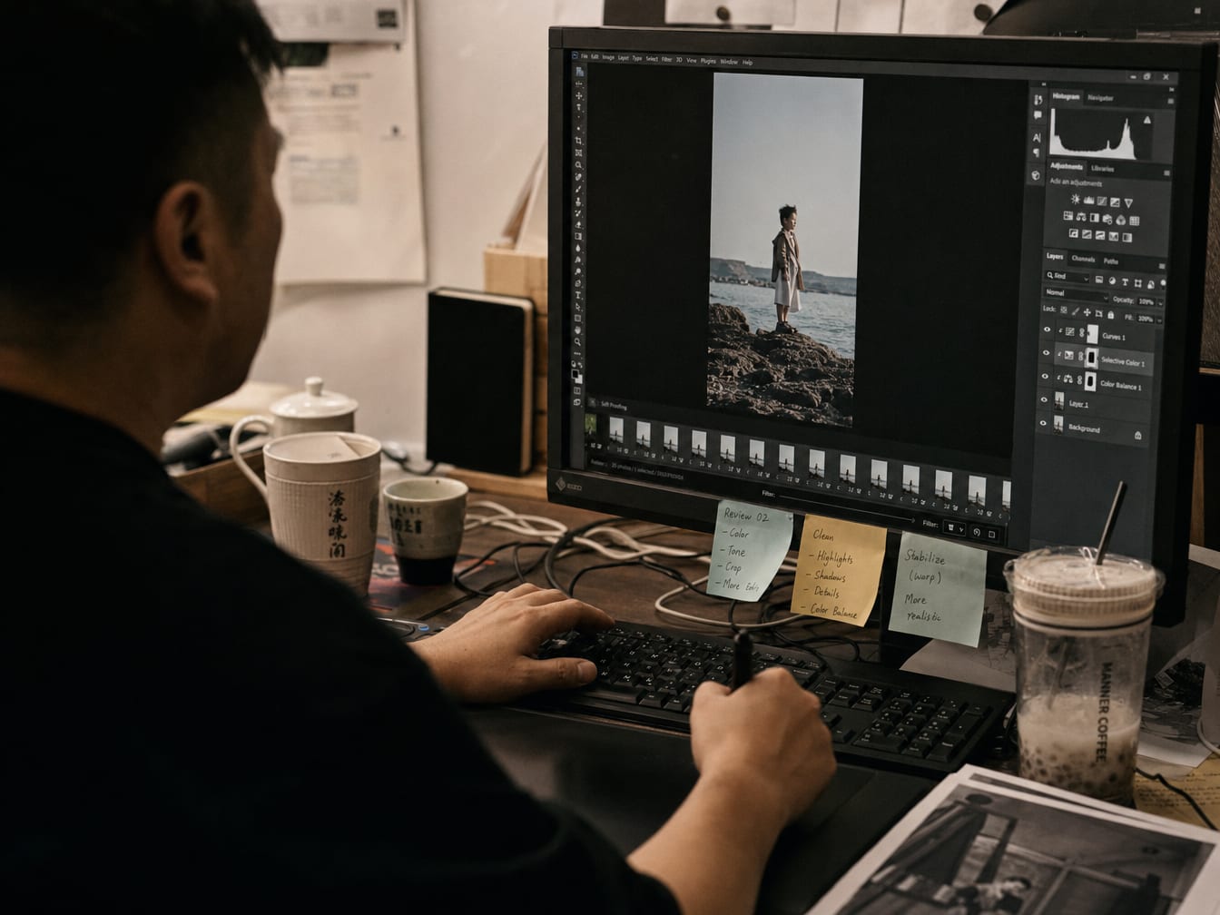 Hands on a Wacom tablet refining a frame of a vertical video on a calibrated editing monitor.