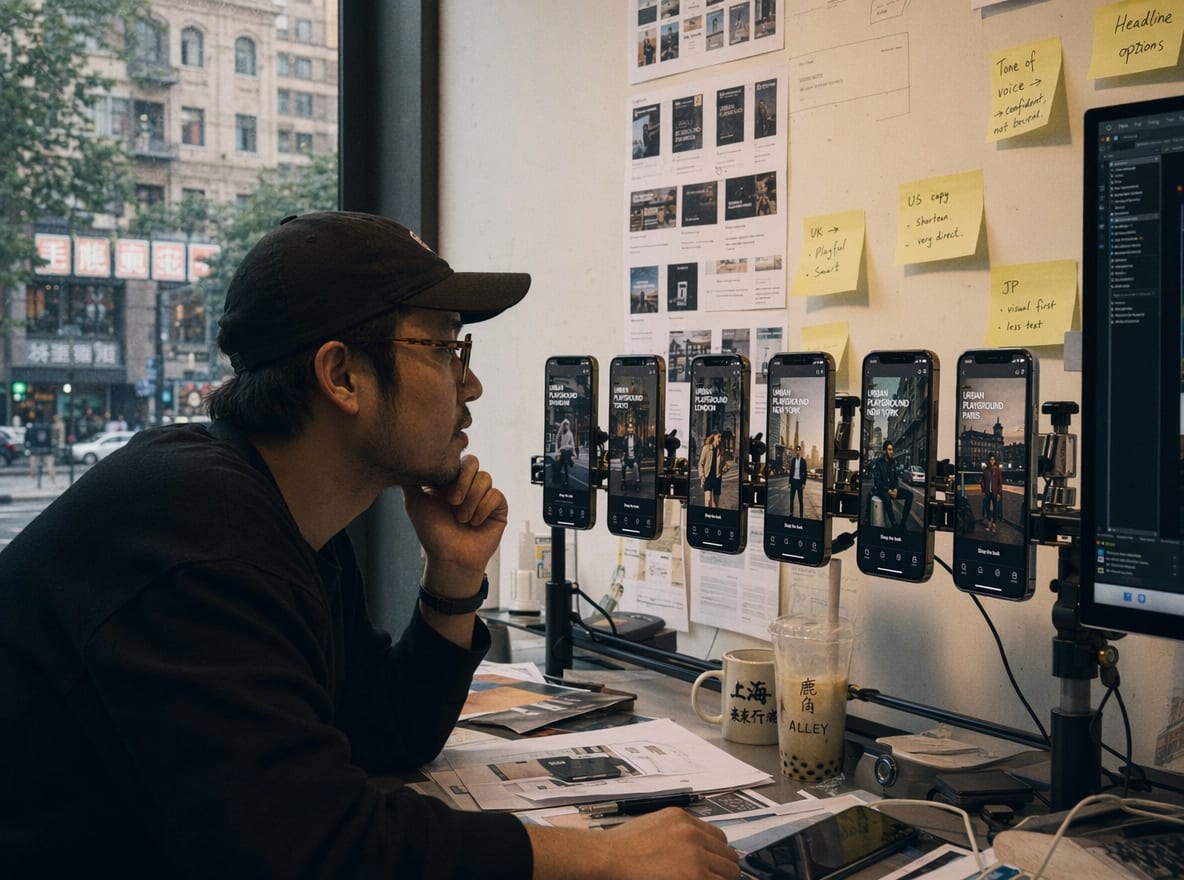 A row of vertical phones on a production rail playing platform-localized variants of the same campaign.