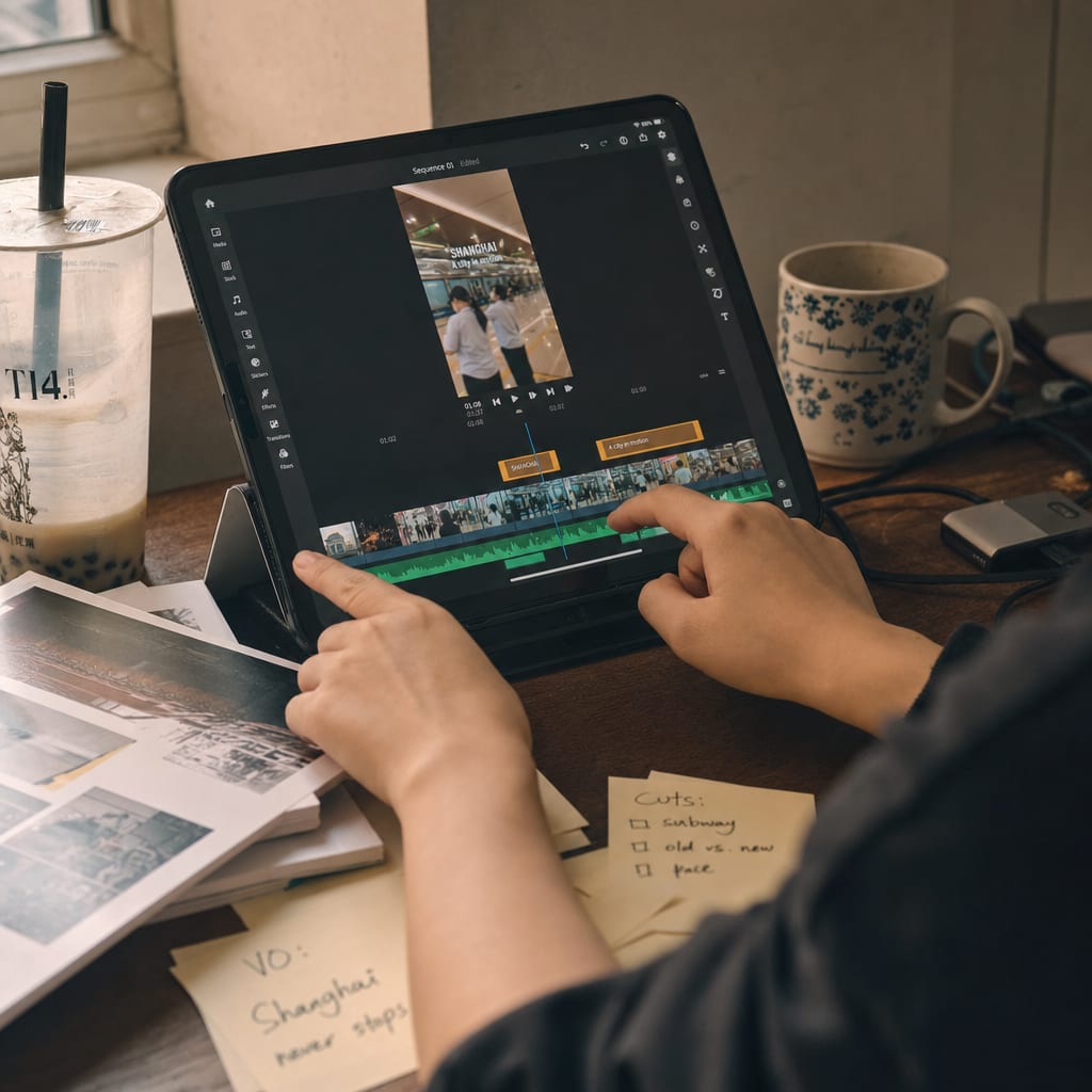 Hands editing a vertical video timeline on a tablet in warm window light.