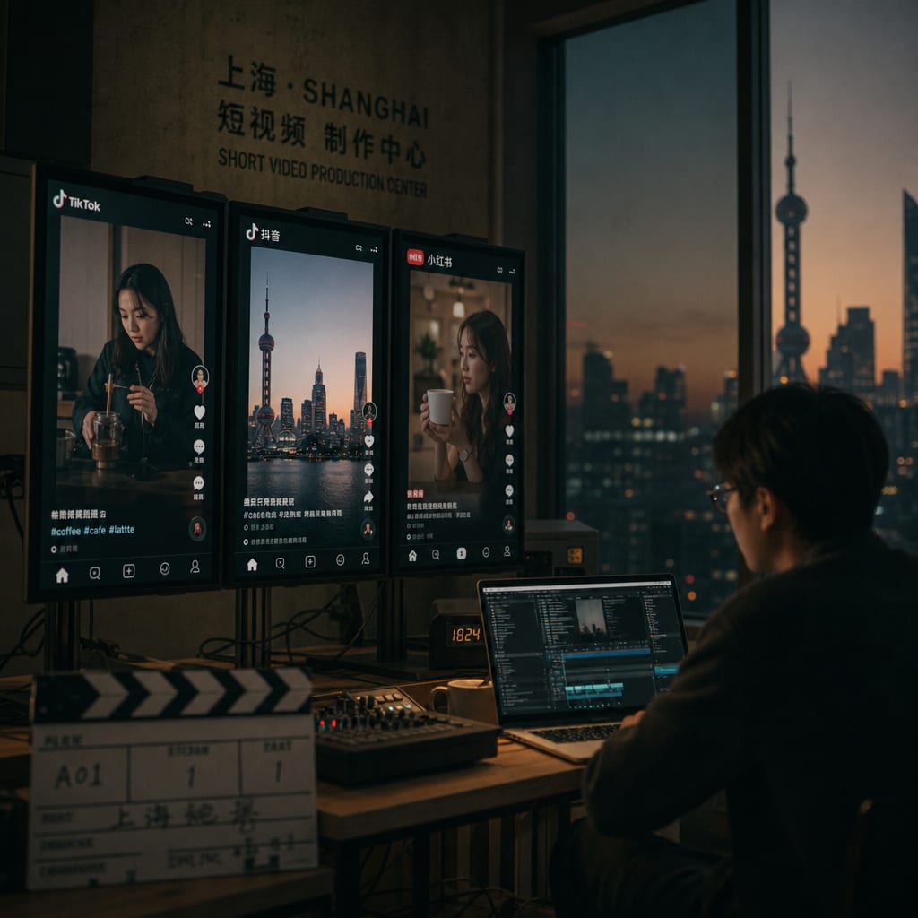 A short-video control room with monitors showing vertical feeds across TikTok, Douyin and Xiaohongshu.