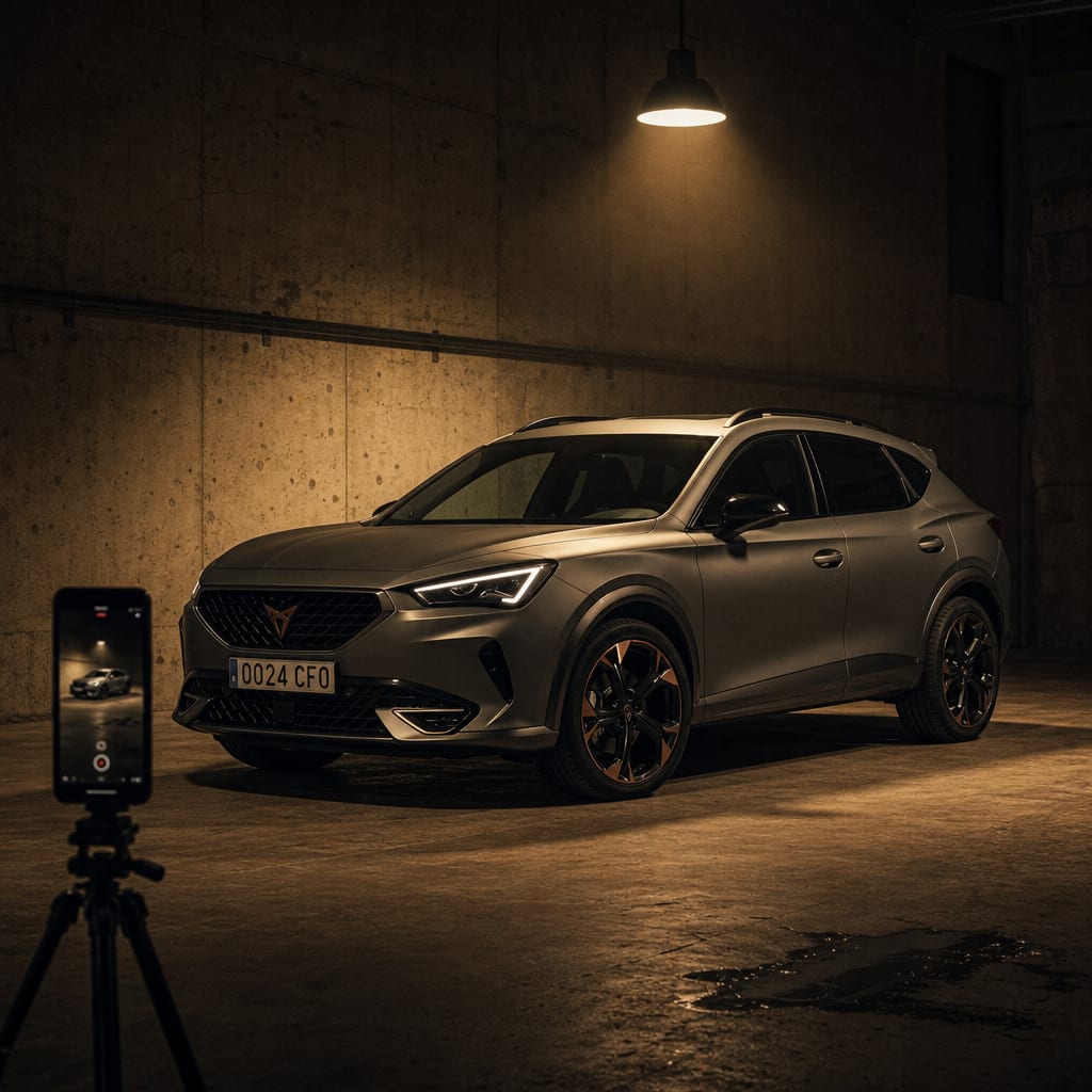 A modern crossover SUV in a dim warehouse with a vertical phone on a tripod in the foreground.