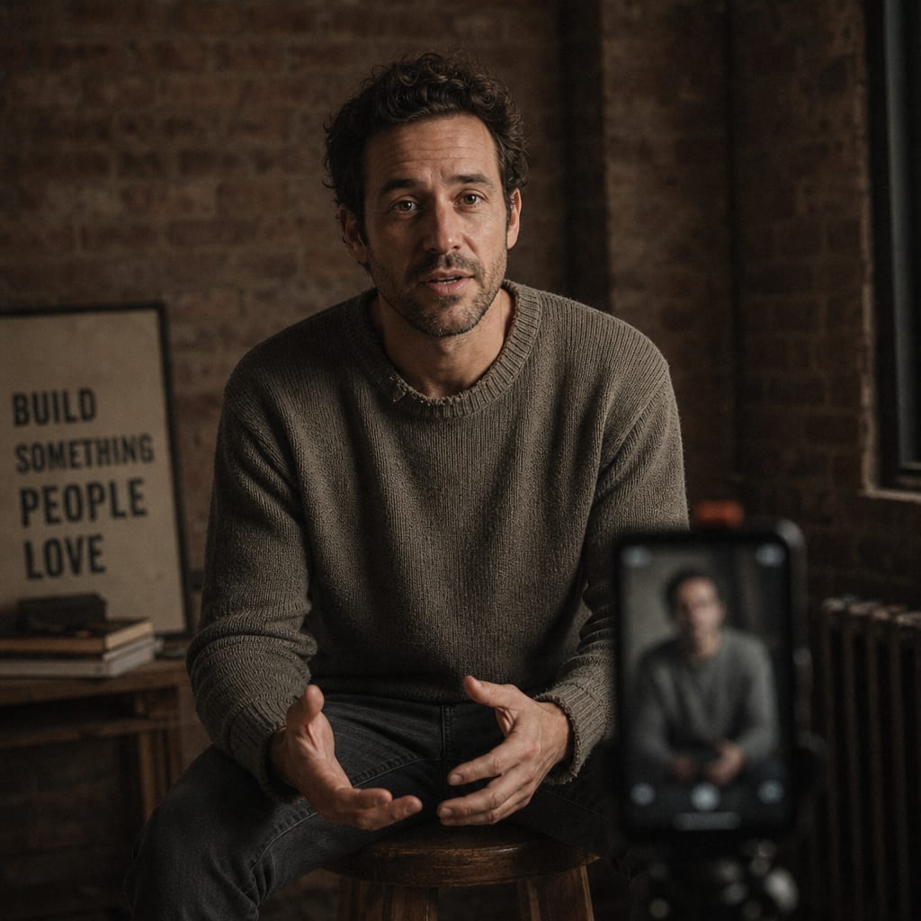 A founder seated on a stool in a warm studio talking to a vertical phone on a tripod.