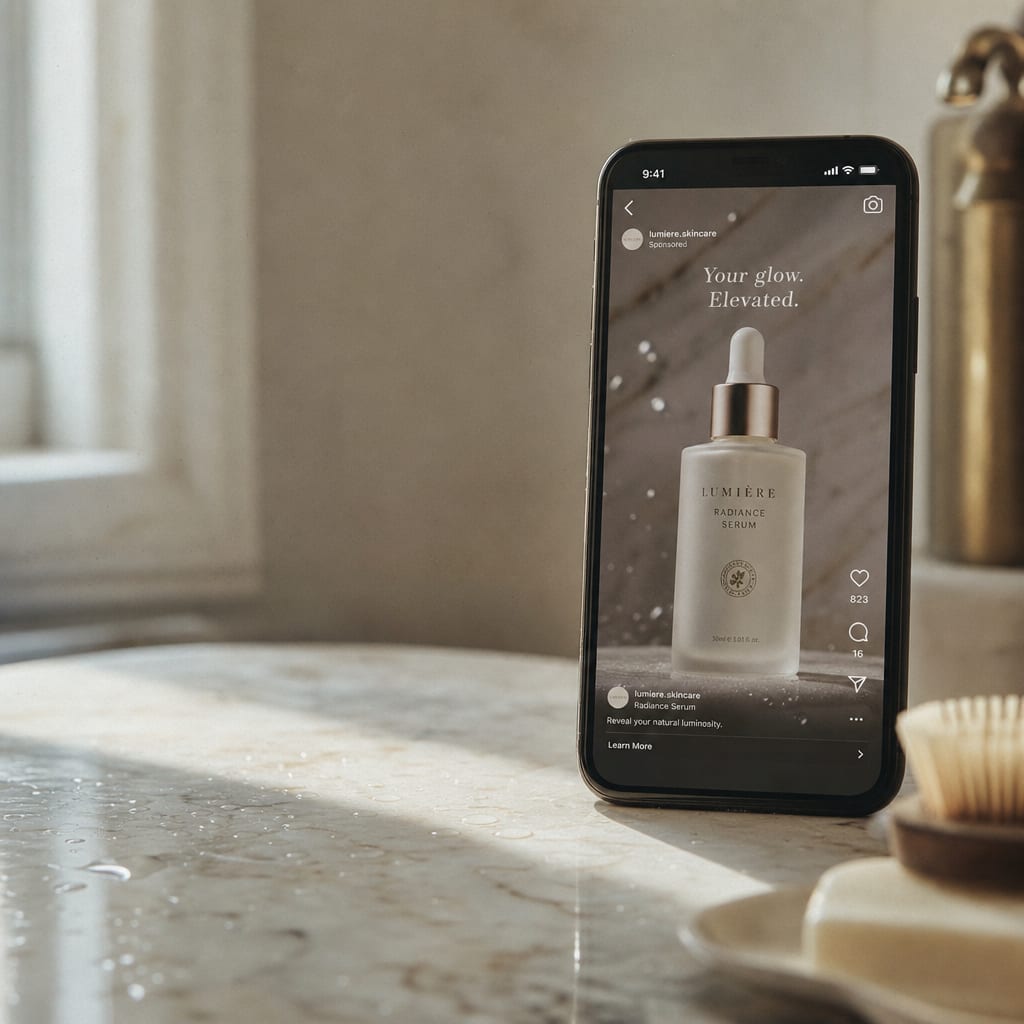 A vertical smartphone on a marble counter playing a glossy beauty short-video ad.