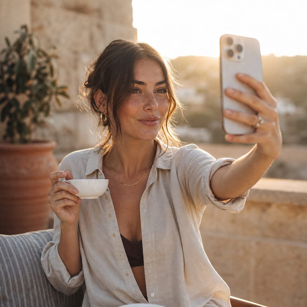 A young creator on a boutique hotel terrace filming herself with a vertical phone at golden hour.