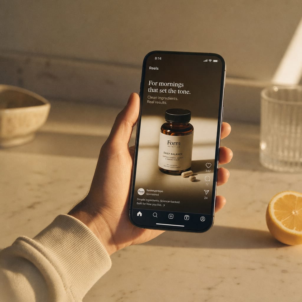 A smartphone in a hand showing a supplement brand Reels ad on a kitchen counter at sunrise.