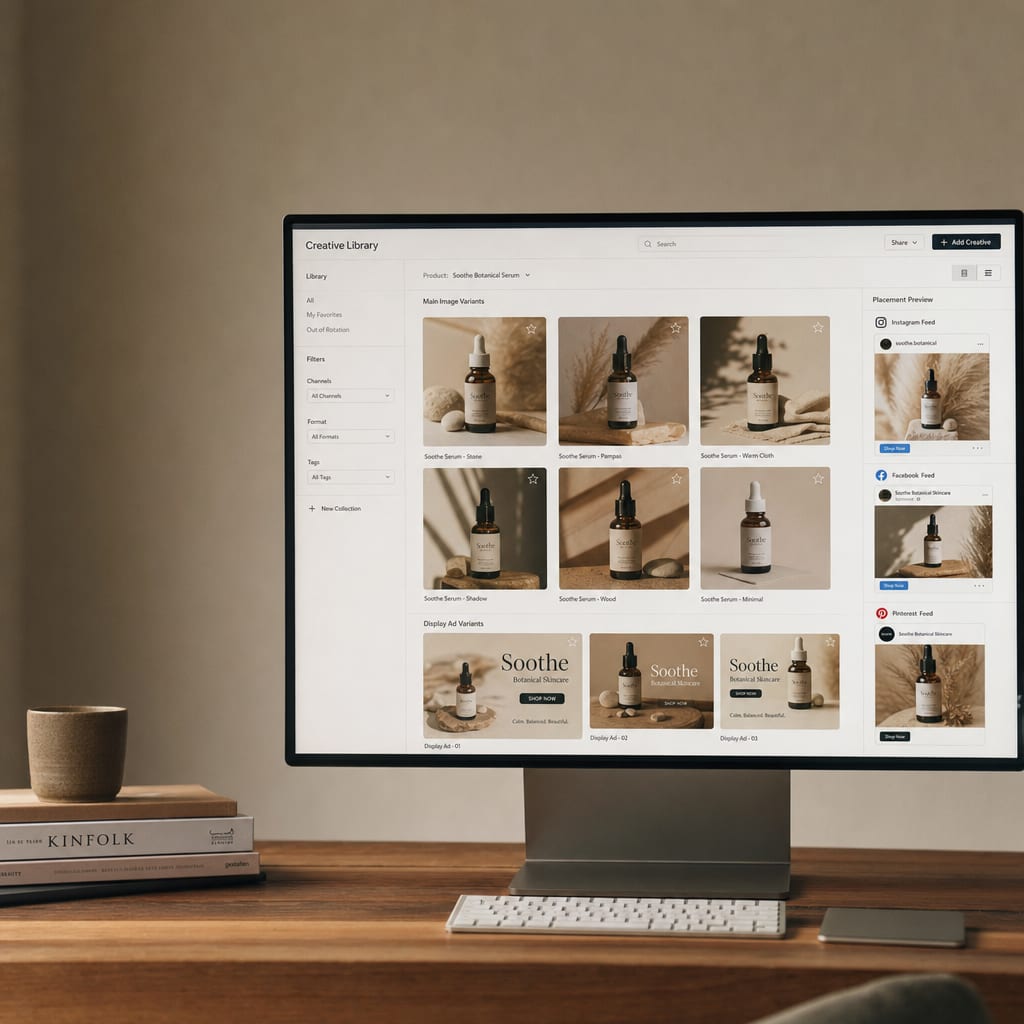 A wide monitor showing an Alimama ad creative library, a grid of Tmall search main-image and display ad variants lined up in the placement preview panel.