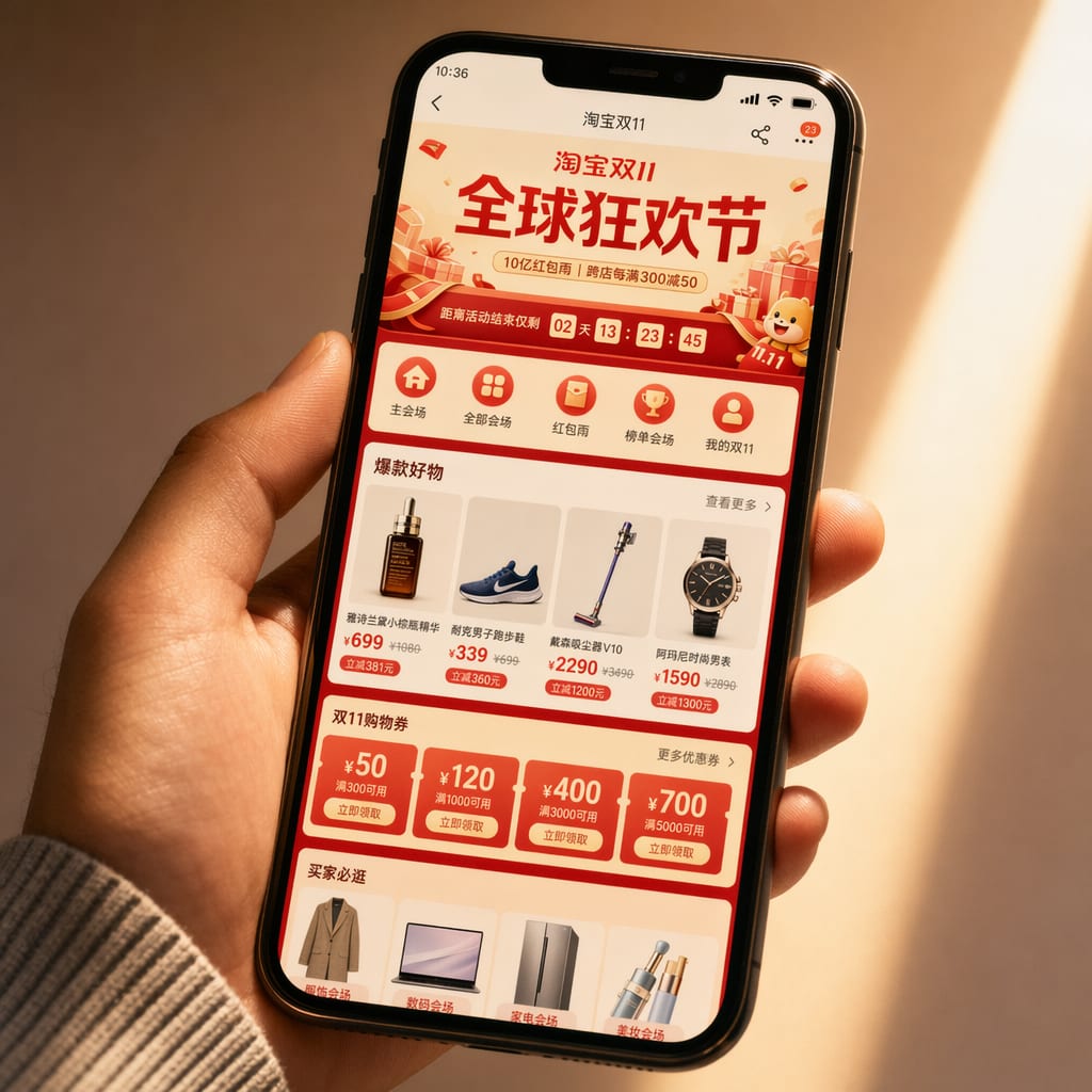 A phone screen showing a Tmall Double 11 campaign venue page, a bold festival banner with a countdown strip above a grid of discounted product tiles and coupon modules.
