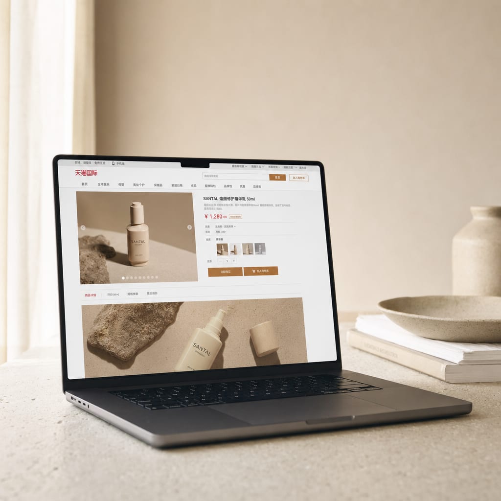 An open laptop on a studio desk, the screen showing a Tmall product detail page, a five-image main carousel on one side, a price block and SKU swatches on the other, a long scroll of product photography running below.