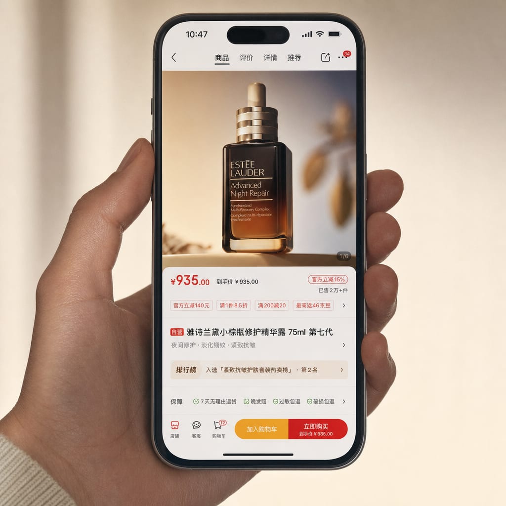 A close cinematic detail of a hand holding a phone vertically against a soft cream background, the screen filled with a Tmall product detail page, the main image, price block and buy button visible.