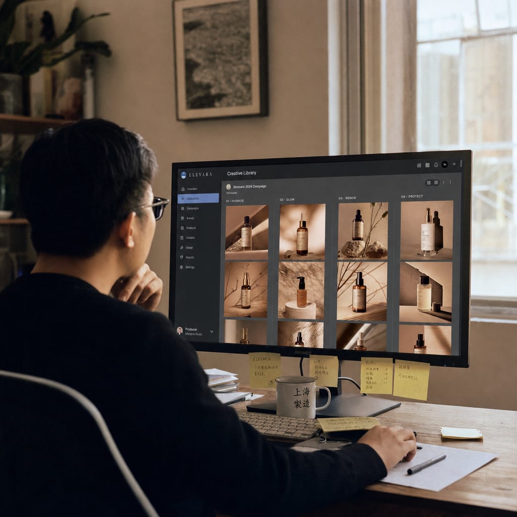 A producer at a wide reference monitor showing an Alimama ad creative library, four columns of Tmall storefront, detail page, campaign and ad variants arranged in a grid.