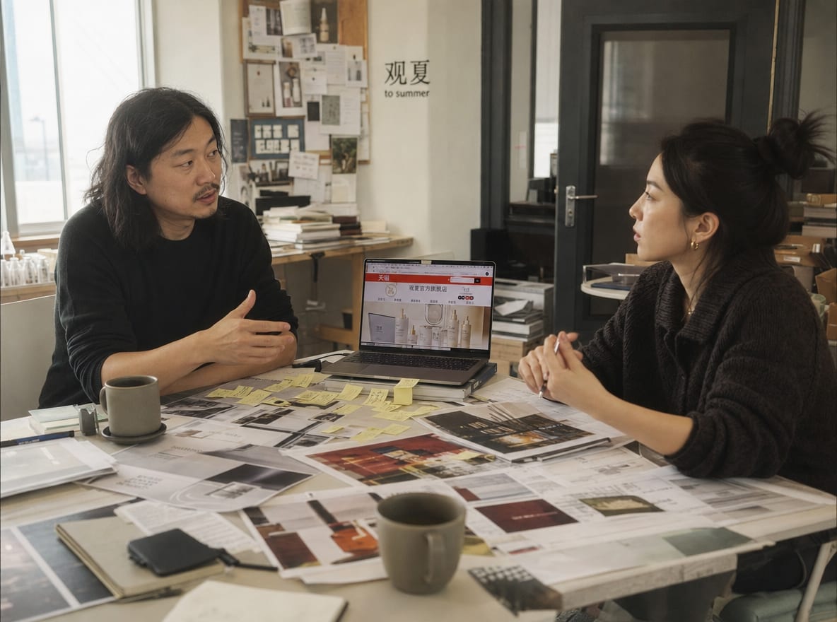 A creative director and a brand lead at a Shanghai studio table, a laptop between them showing a Tmall flagship store page alongside printed product detail pages and main-image mocks.
