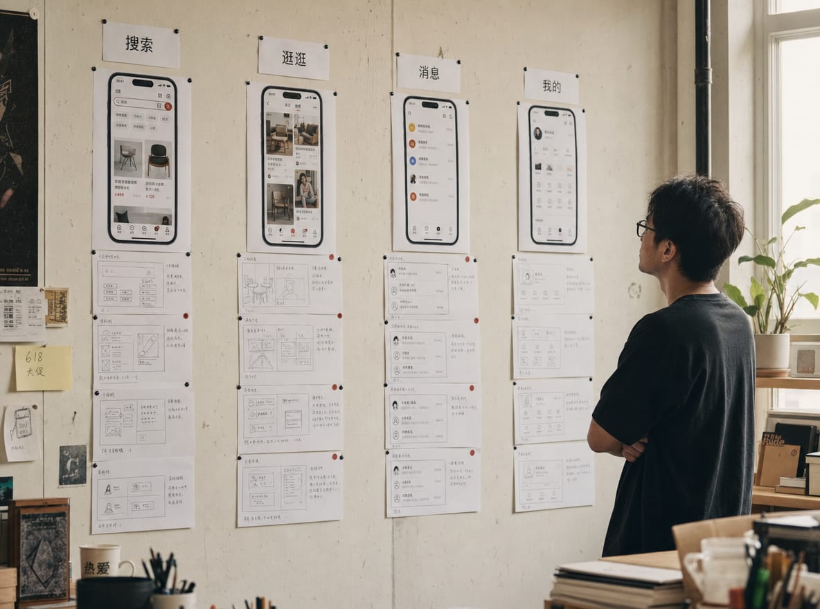 A storyboard wall in a Shanghai studio with four columns of frame sketches labeled Store, Detail pages, Campaigns and Ad creative, each column anchored by a printed Tmall phone mock.