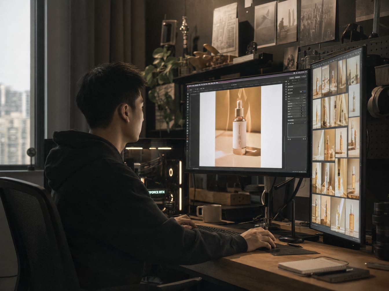 A motion designer at a calibrated workstation in a Shanghai studio, the main monitor showing a single Tmall product main image in retouch, the side panel showing a grid of generated product variations.