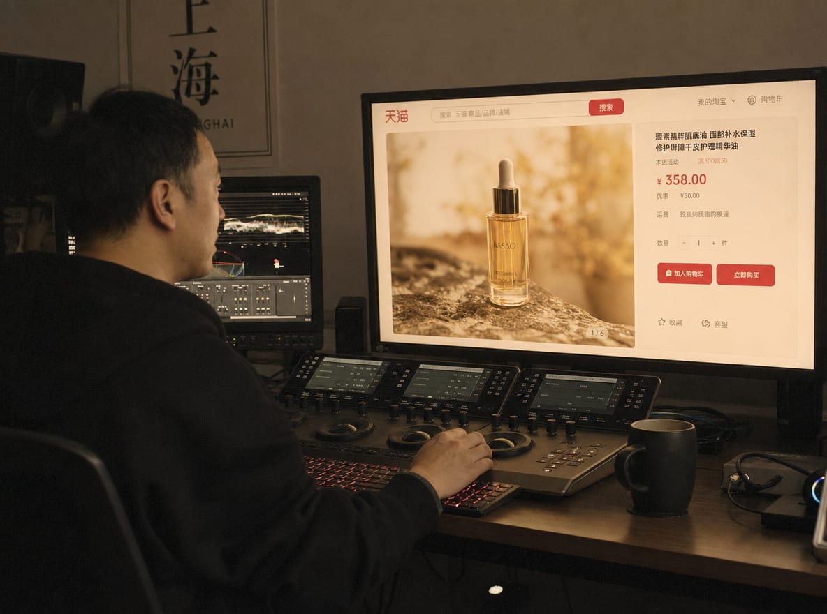 A colorist at a calibrated grading suite in a Shanghai studio, the main reference monitor showing a warm Tmall product photograph paused inside a detail-page layout, the price line and buy button visible at the screen edges.