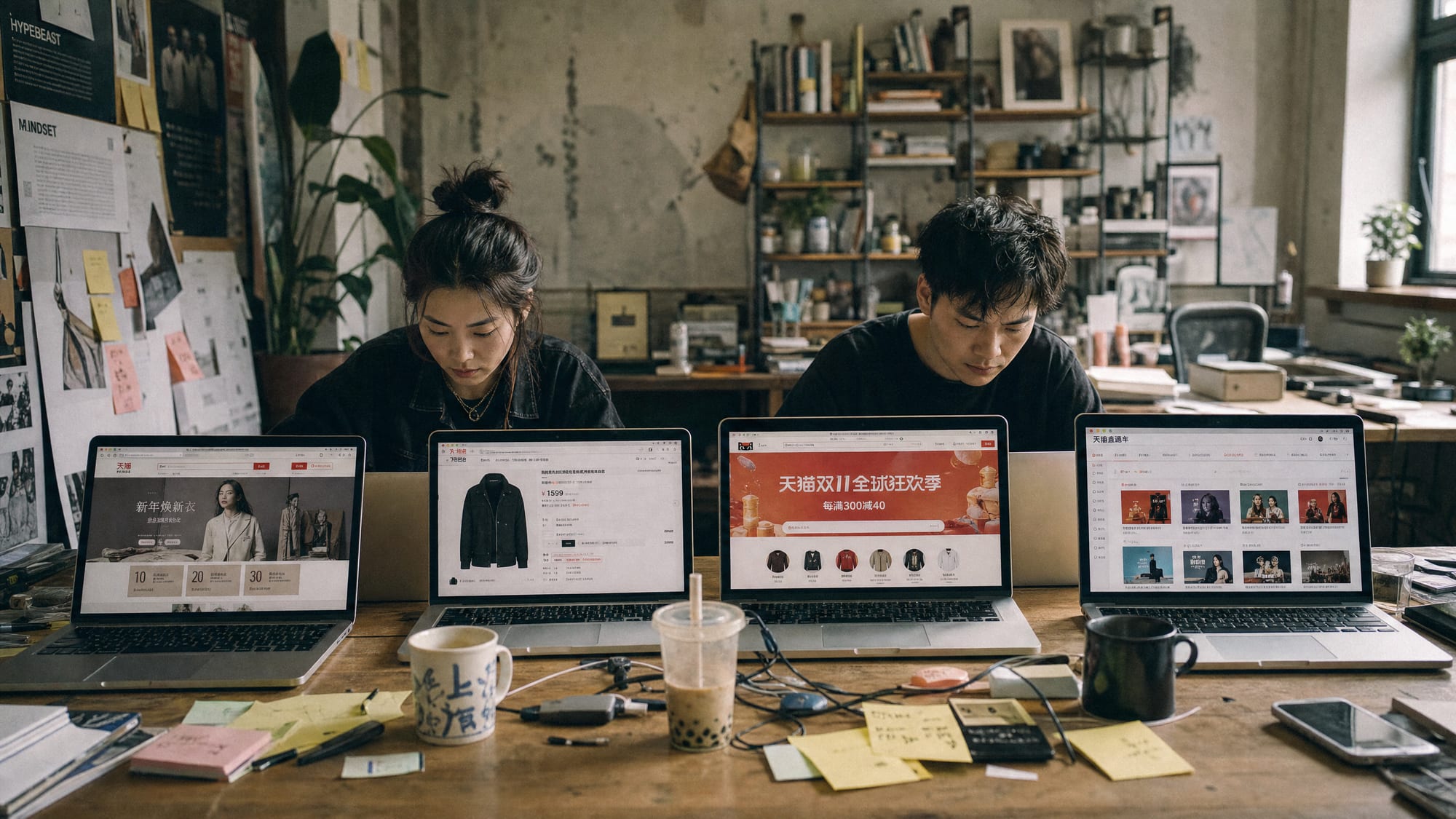 A wide editorial shot of two designers at a daylit Shanghai studio table, four laptop screens lined up showing a Tmall flagship store homepage, a product detail page, a Double 11 campaign venue page and an Alimama ad creative library, one per service lane.