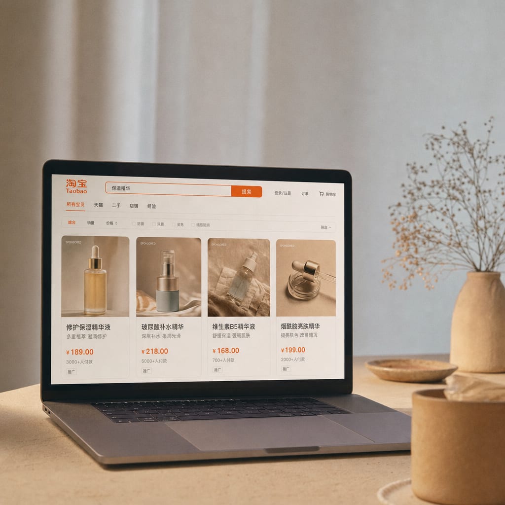 A laptop screen showing a Tmall search results page, a row of sponsored Zhitongche product cards each carrying a main image, a price and a small promoted label.