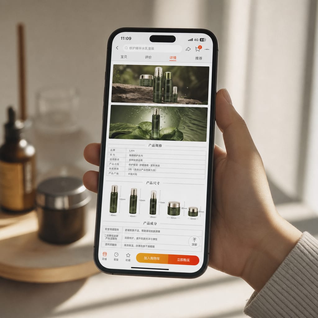 A phone held vertically, the screen showing the long-scroll section of a Tmall product detail page, stacked editorial product photographs, a spec table and a size block running down the interface.