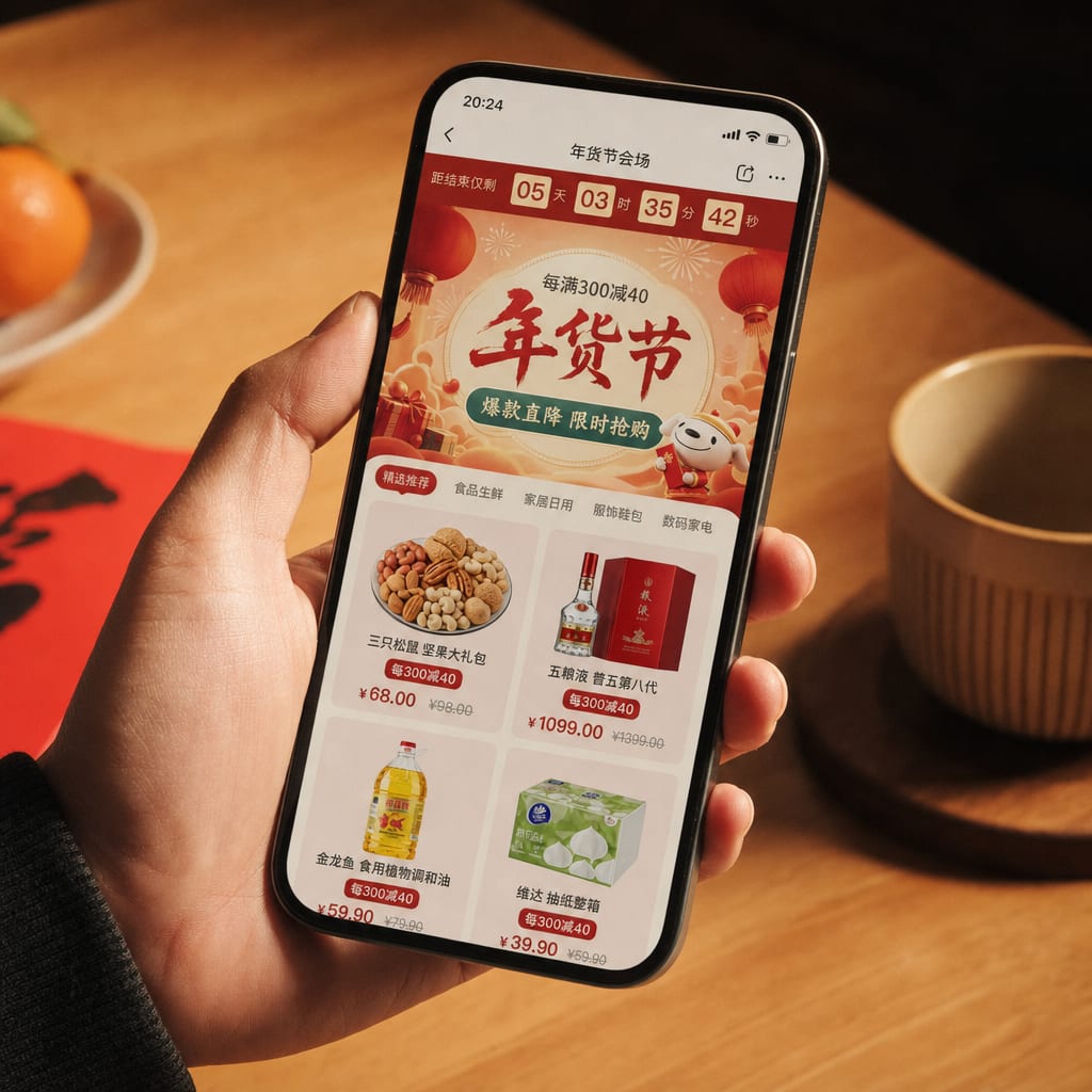 A phone screen showing a Tmall Double 11 campaign venue page, a bold festival banner with a countdown strip above a grid of discounted product tiles and coupon modules.