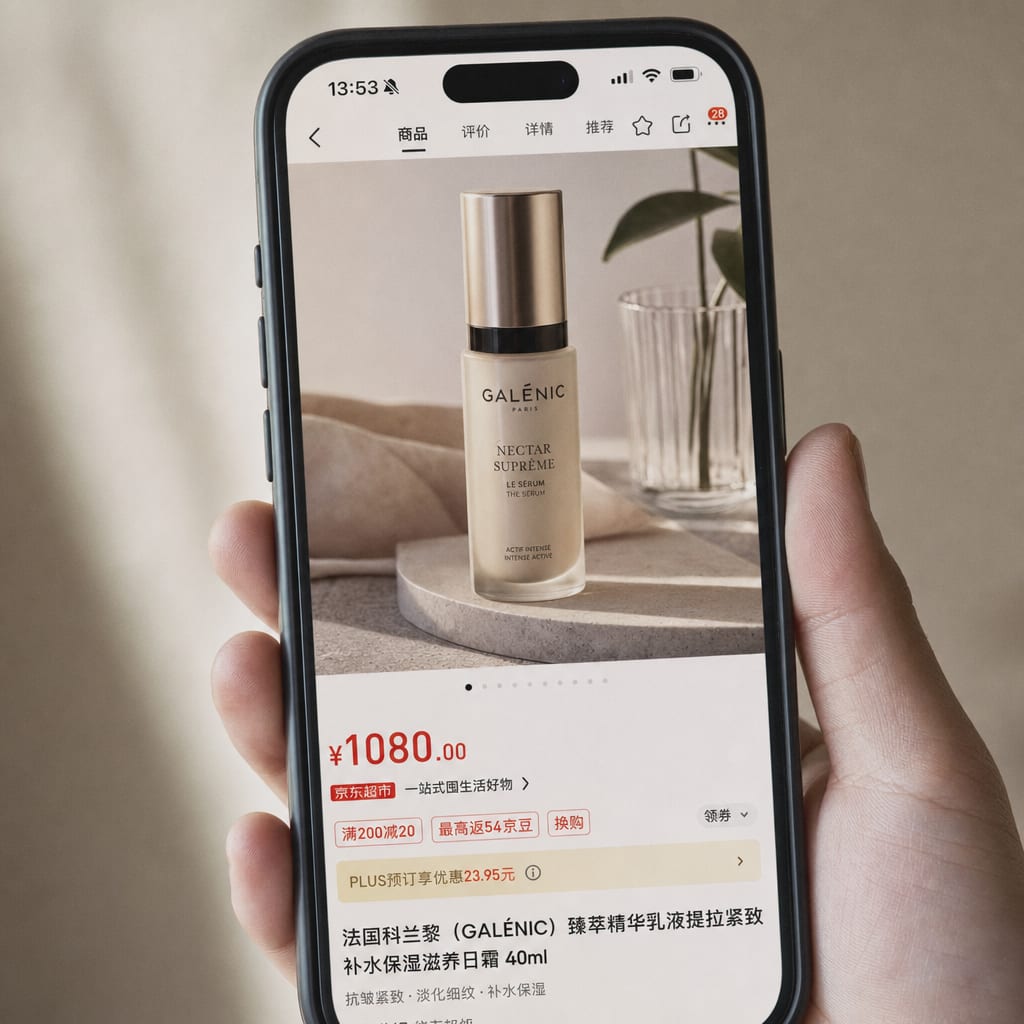 A phone screen showing a Tmall product detail page open on the main image carousel, a single editorial product photograph with small image-position dots and a price block visible beneath it.