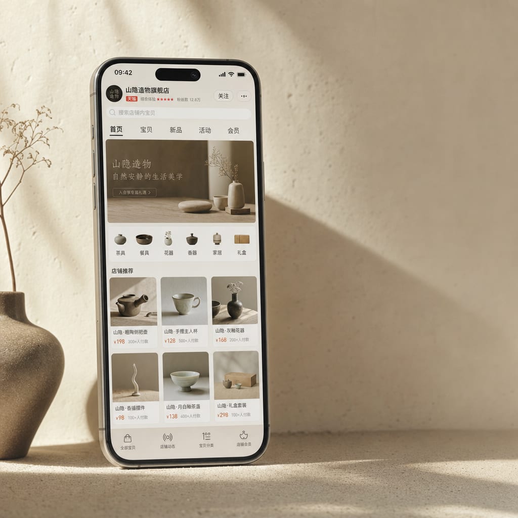 A vertical phone held in soft window light, the screen filled with a Tmall flagship store homepage, a wide storefront banner above a category navigation strip and a grid of product cards in warm editorial tones.