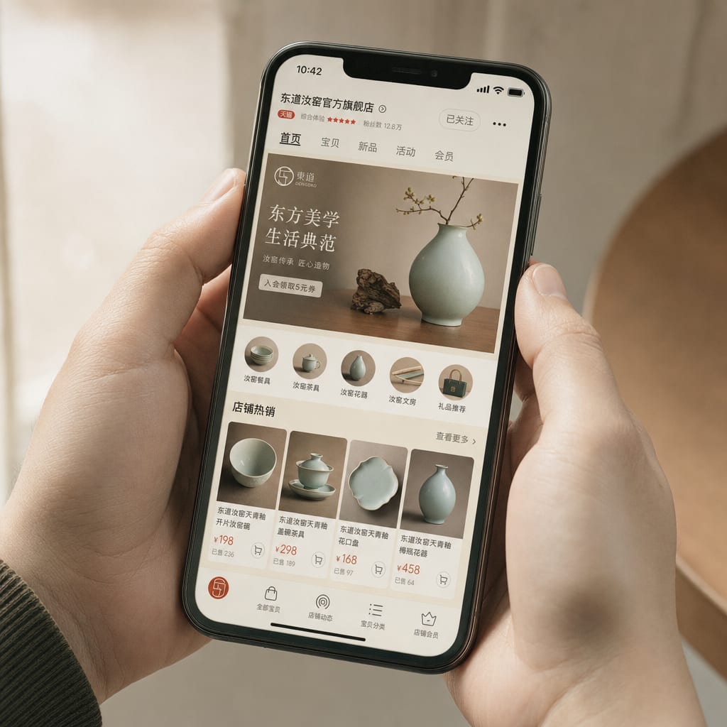A phone held in both hands, the screen filled with a Tmall flagship store homepage, a wide brand banner, a category navigation strip and a grid of product cards, the marketplace navigation bar visible along the bottom.