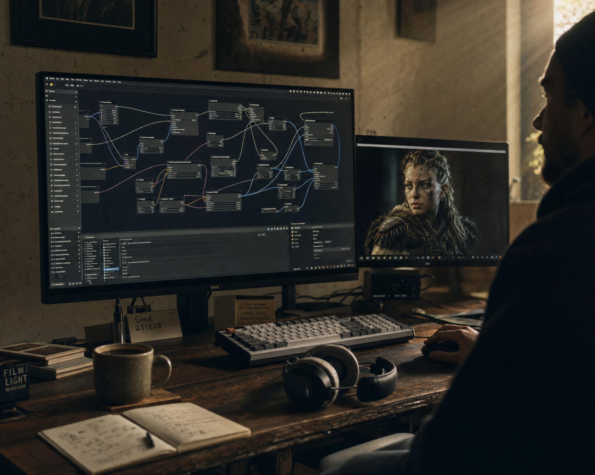A dim, daylit advanced-training workstation with a ComfyUI node graph on one monitor and a high-resolution render preview on the other.