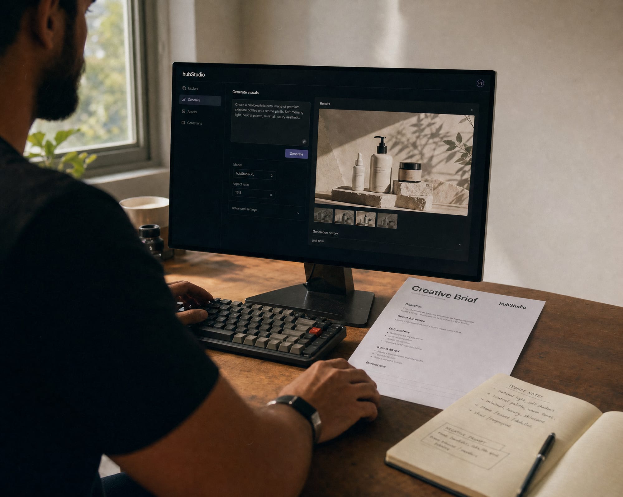 A daylit hubStudio workshop with a participant generating brand visuals on a colour-calibrated monitor, a printed brief on the desk beside the keyboard.