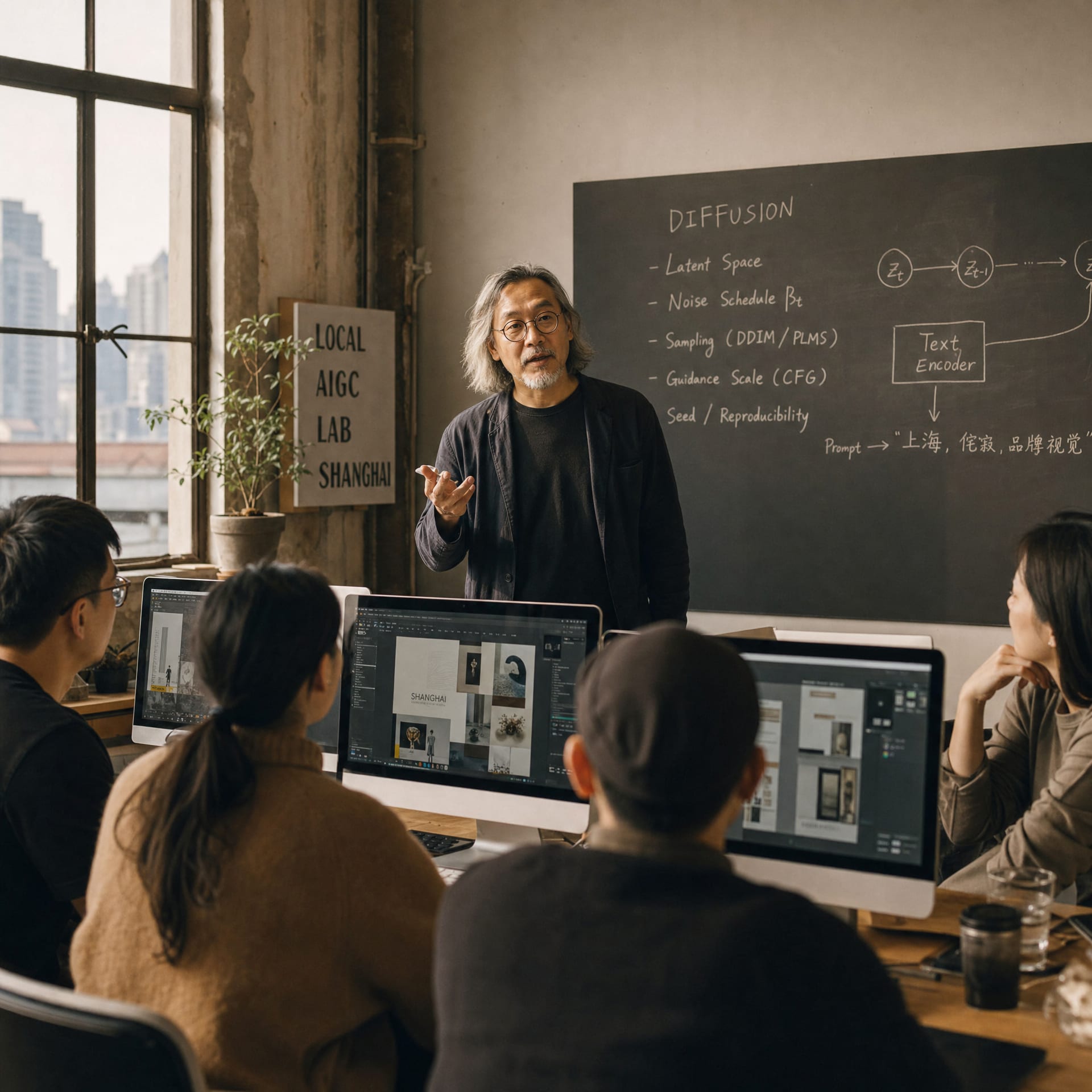 A senior trainer at a whiteboard with four participants reviewing AIGC frames at workstations.