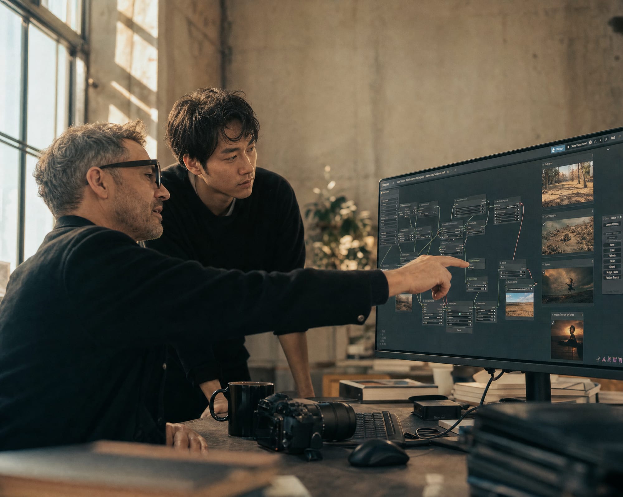 A senior hubStudio trainer reviewing a ComfyUI workflow on a large monitor with a cohort participant, warm afternoon light through a Shanghai studio window.
