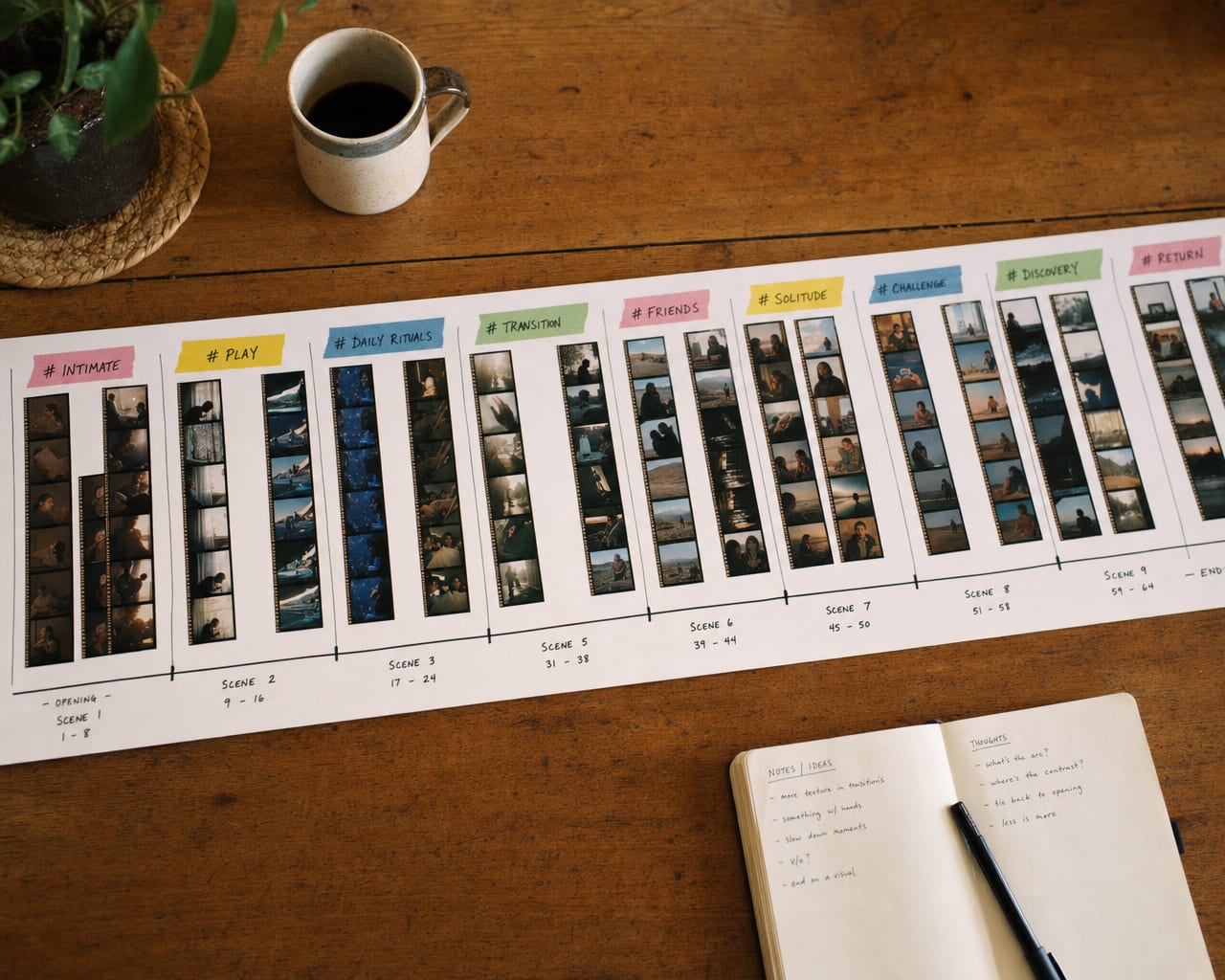 An overhead studio still of a long printed timeline laid across a wood table, dozens of small vertical thumbnails in clusters.