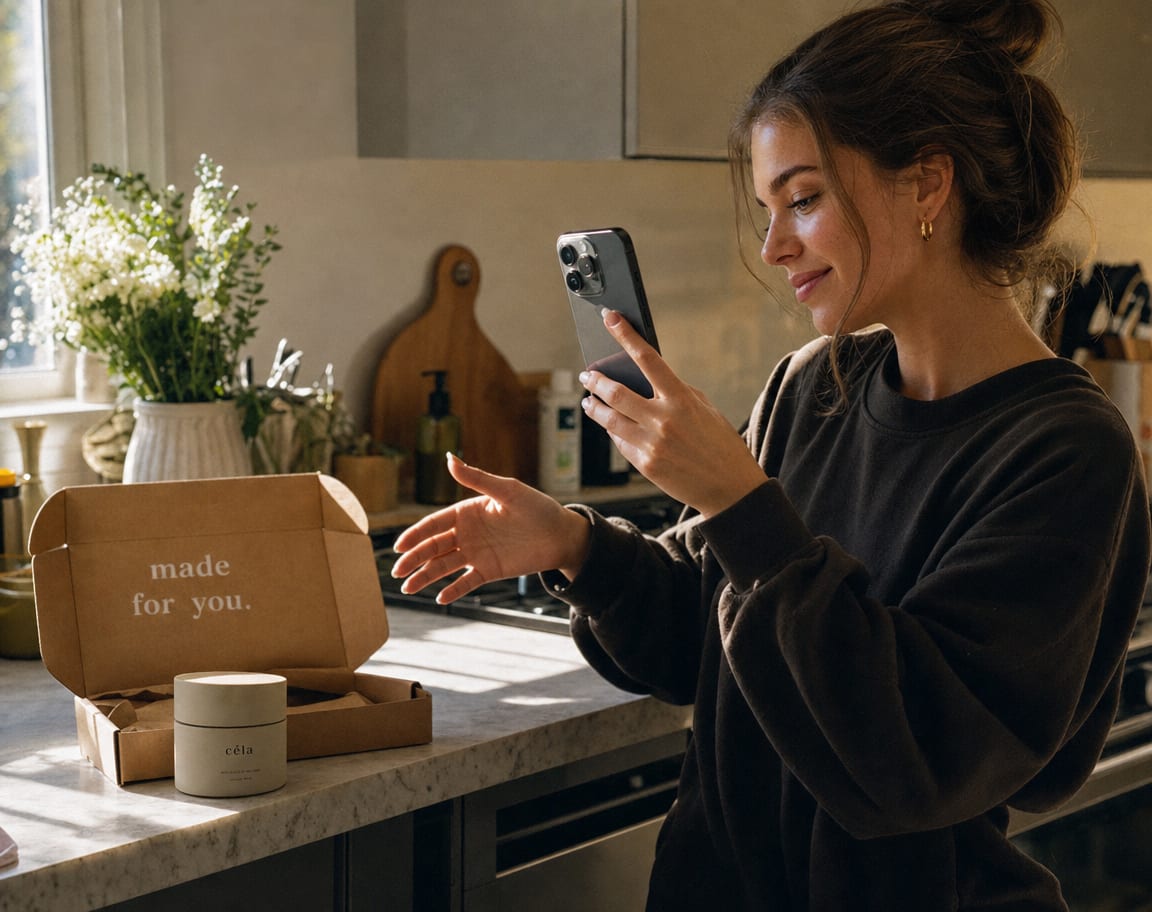 A close handheld still of a creator filming a UGC-style product unboxing on a sunlit kitchen counter, phone held vertically.