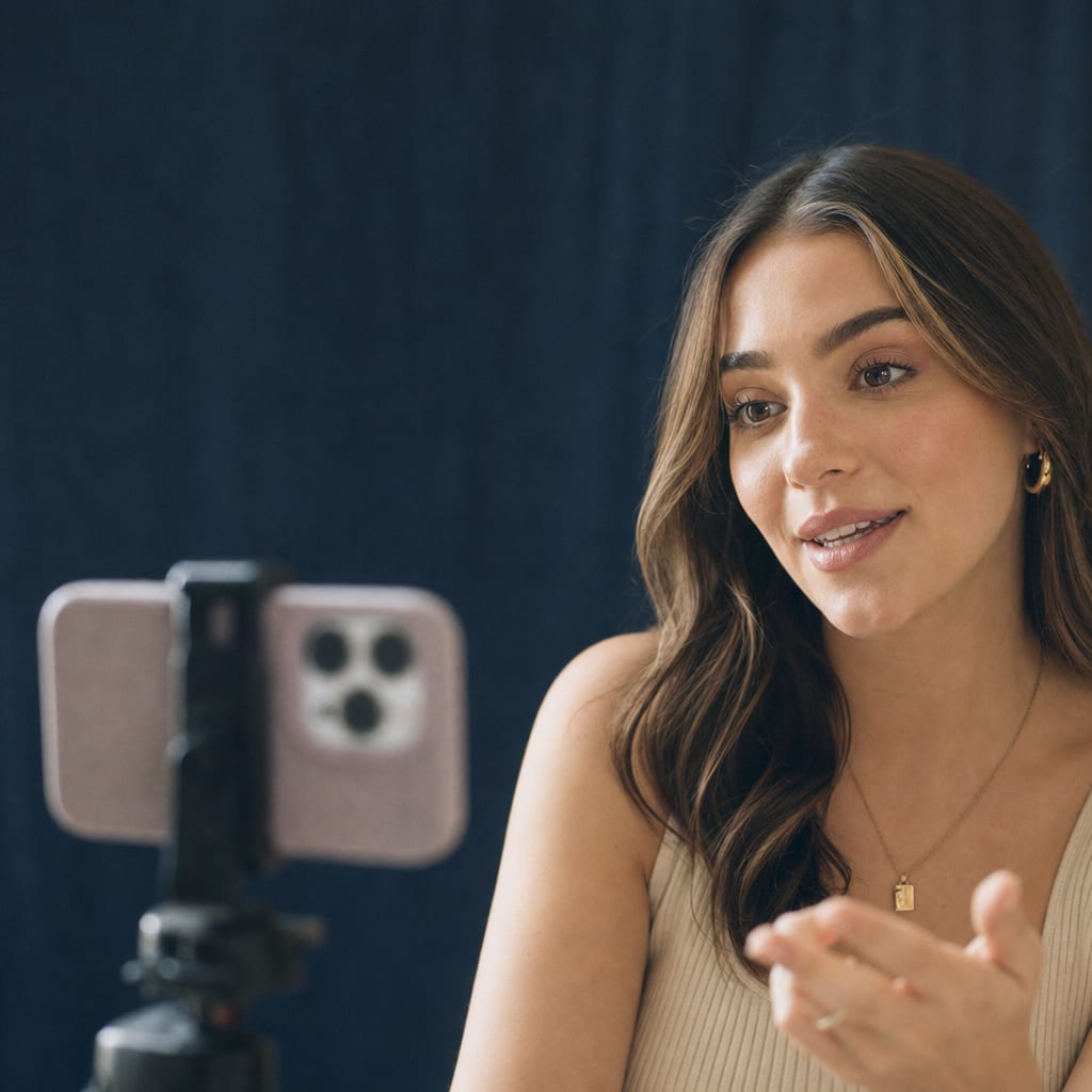 A young creator filming themselves on a tripod-mounted phone in soft window daylight.