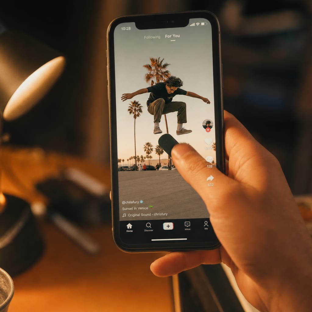 A close cinematic detail of a hand swiping a vertical phone screen showing a short-form video frame.