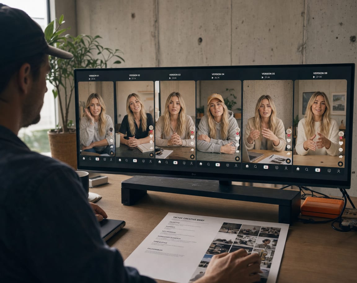 A producer at a wide reference monitor reviewing a vertical grid of TikTok video variants side by side.