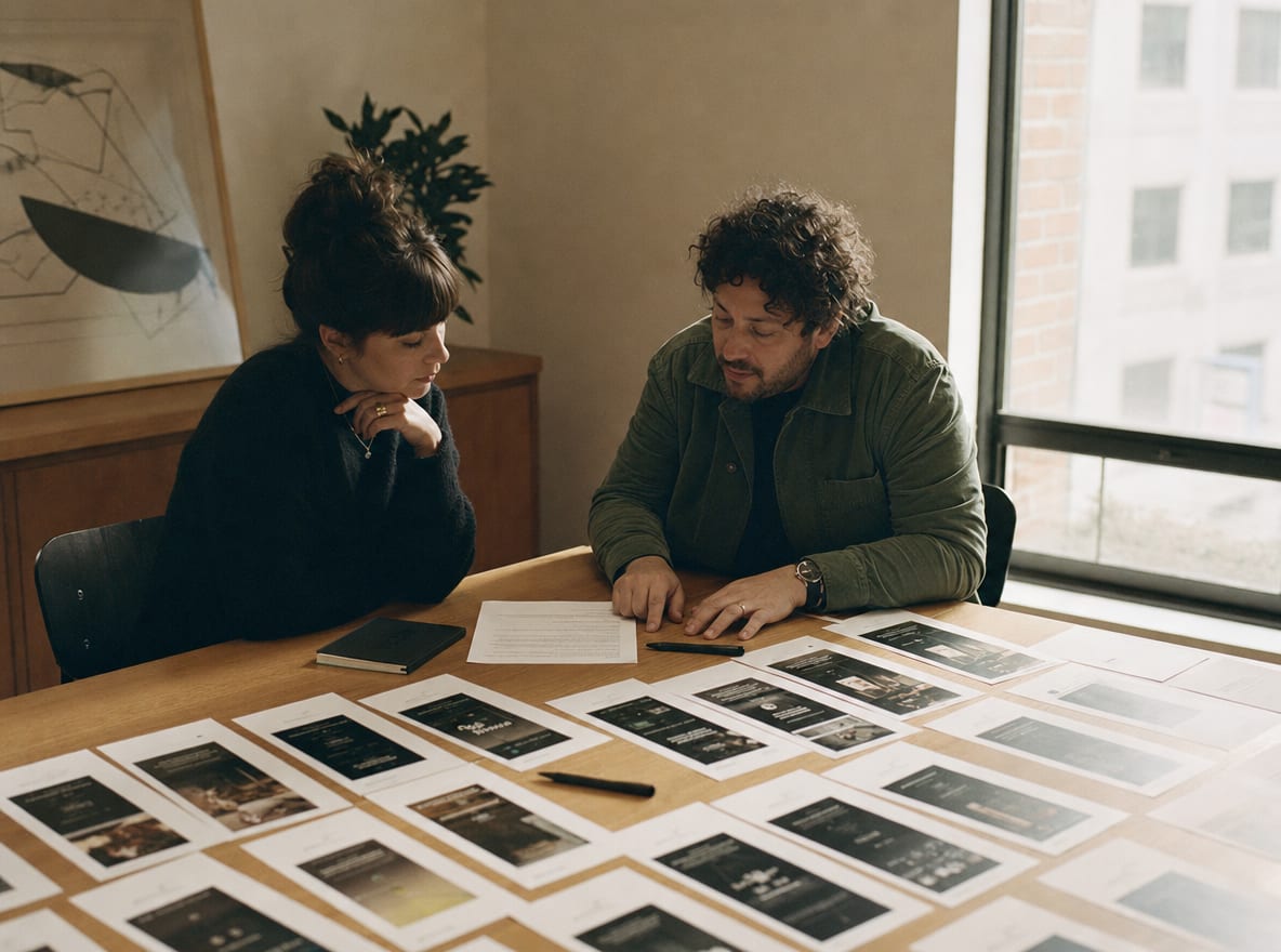 A creative strategist and a brand lead at a studio table covered in printed vertical screenshots and a one-page brief.