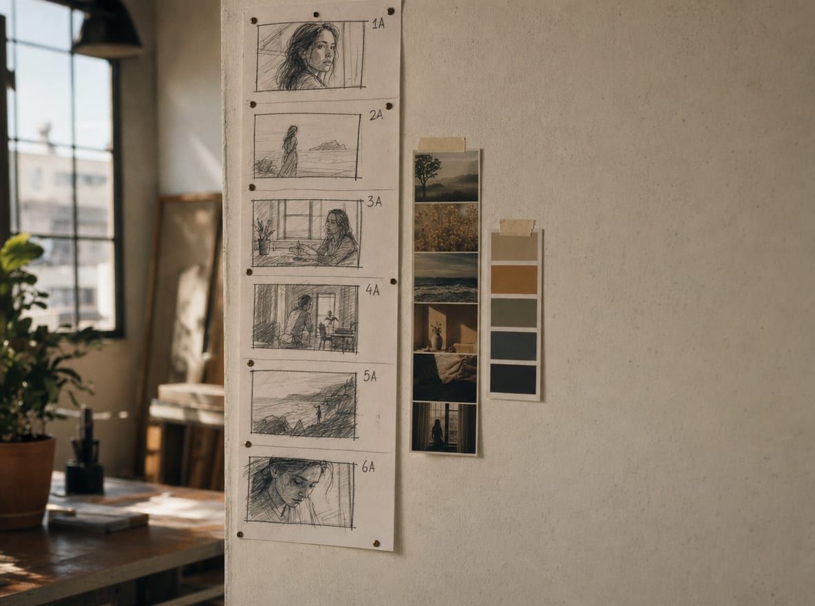 A storyboard wall with a single column of vertical frame sketches pinned in sequence top to bottom.