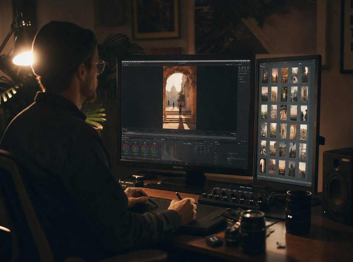 A motion designer at a calibrated workstation reviewing a single hero vertical frame on the main monitor and a grid of variations on a side panel.