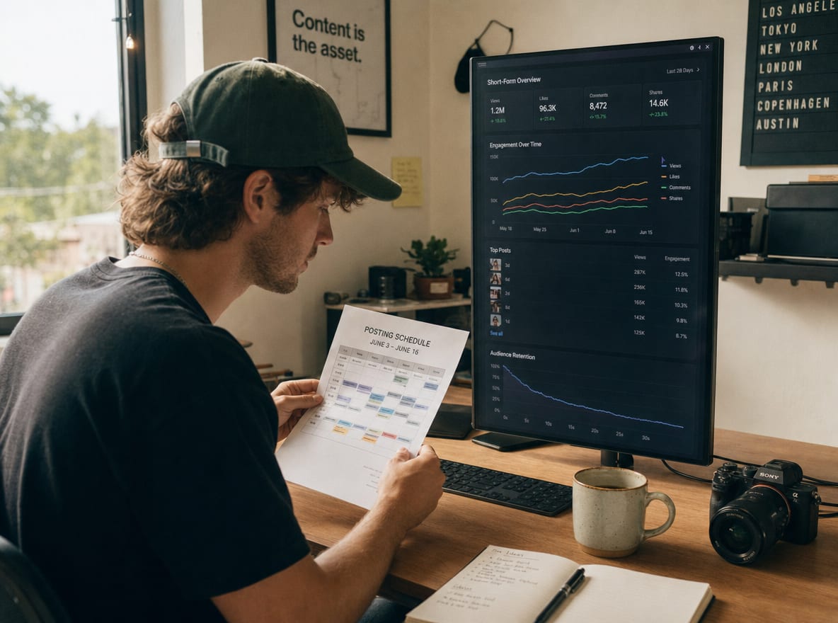 A young media operator at a daylit studio desk reviewing a printed posting schedule beside a vertical analytics dashboard.