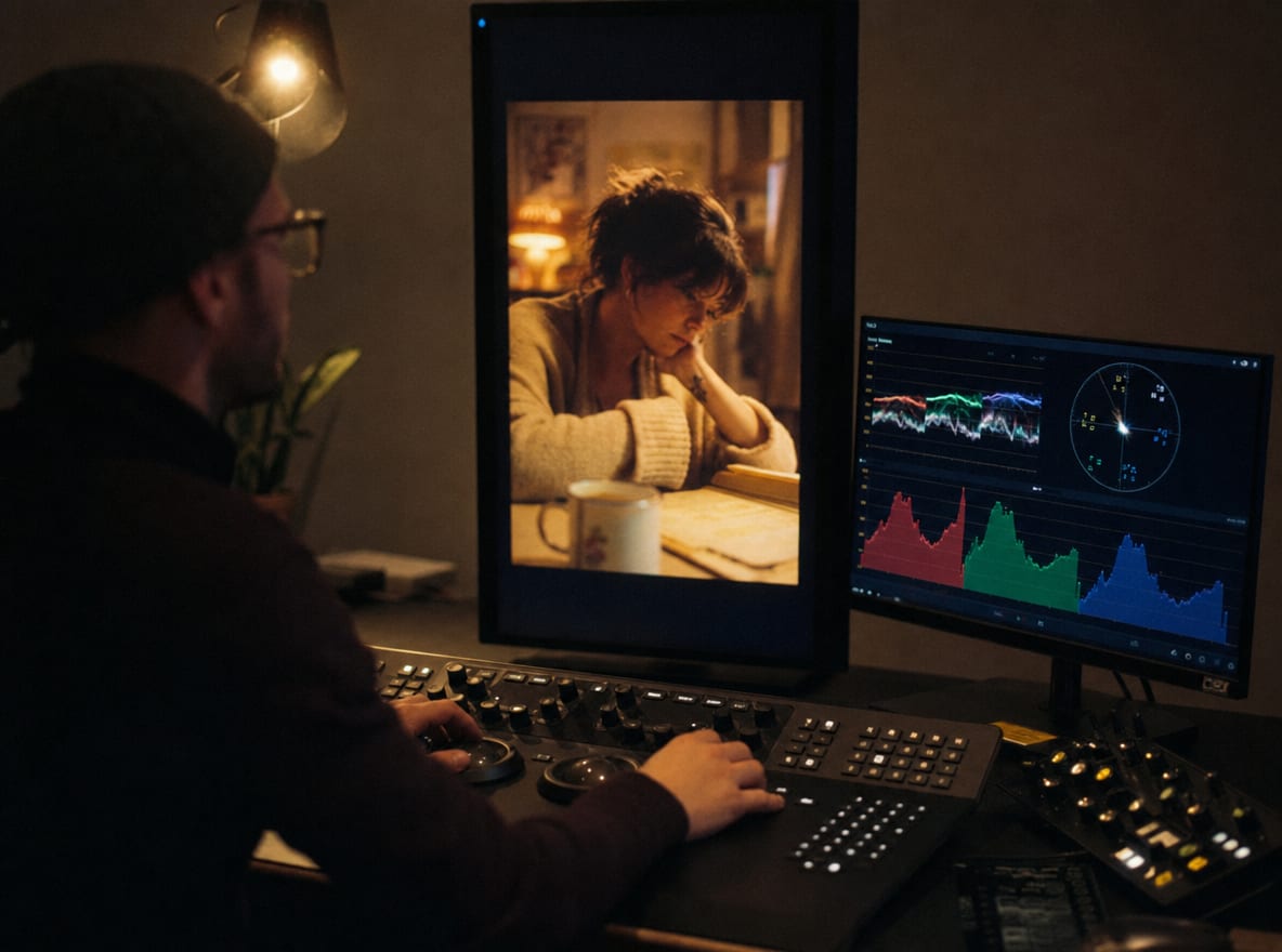 A colorist at a calibrated grading suite, the main vertical reference monitor showing a warm short-form frame.