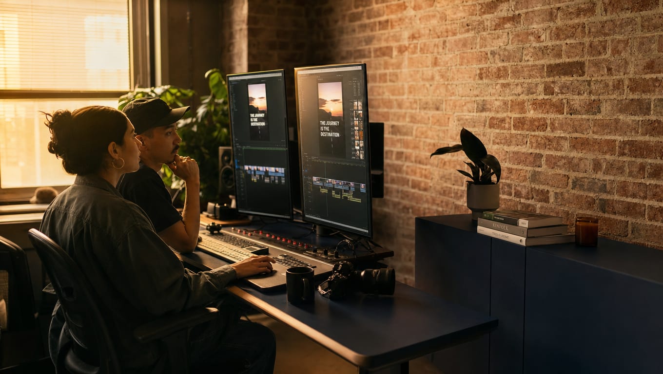 A wide editorial photograph of a vertical-content production studio at golden hour, two operators at vertical reference monitors.