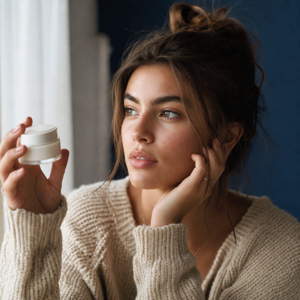 A close cinematic still of a young creator holding a small skincare product to soft window daylight, eyes off-camera.