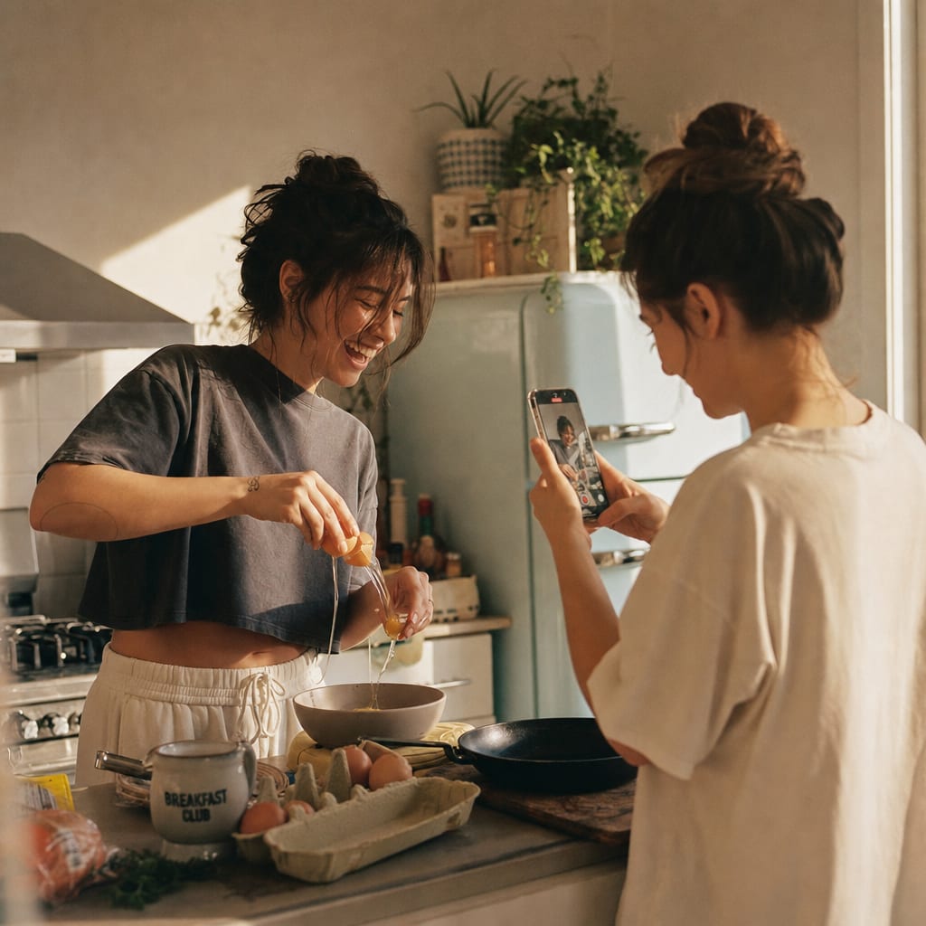 Two friends laughing while preparing breakfast on a sunlit kitchen counter, one filming vertically.
