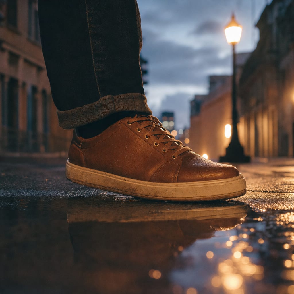 A low-angle still of a chestnut leather sneaker stepping onto wet city pavement at dusk under a warm street lamp.