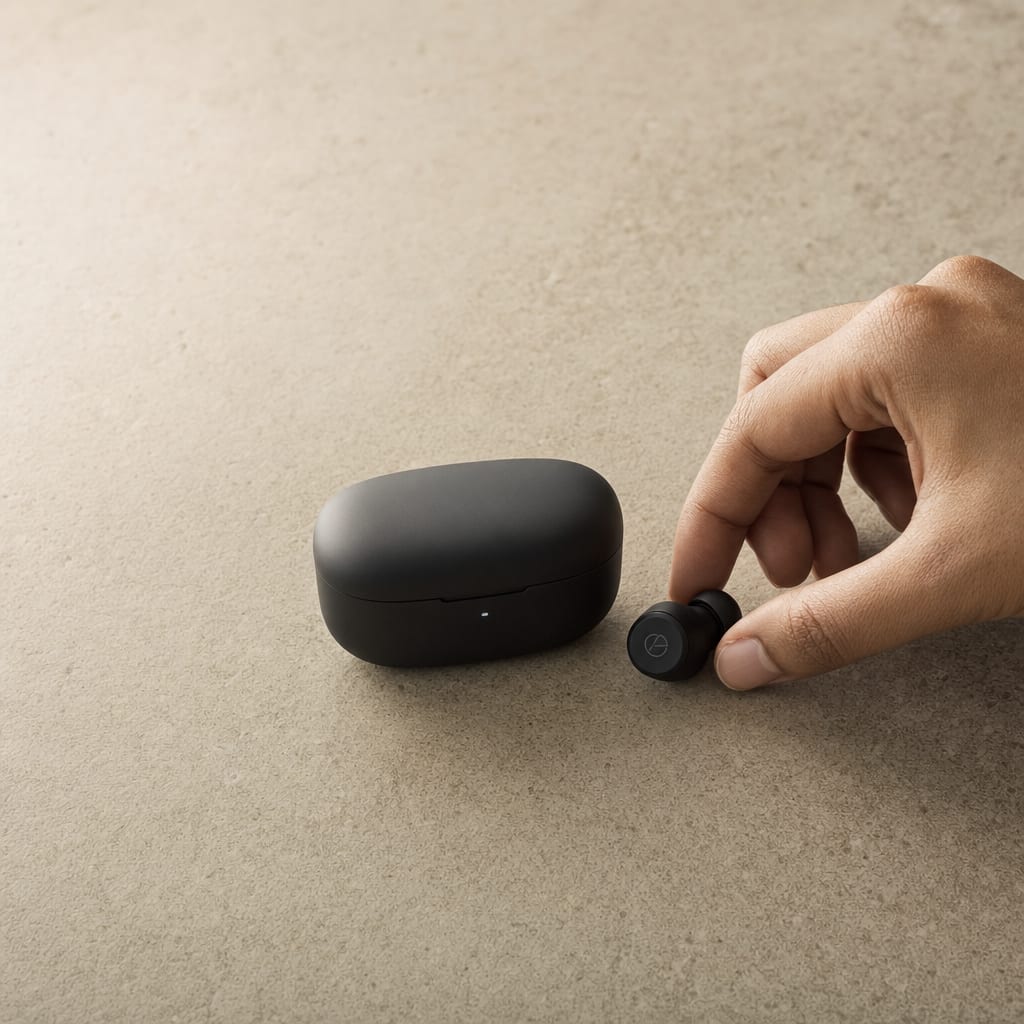 A matte black wireless earbuds case on warm sand-colored concrete, a hand placing one earbud beside it.