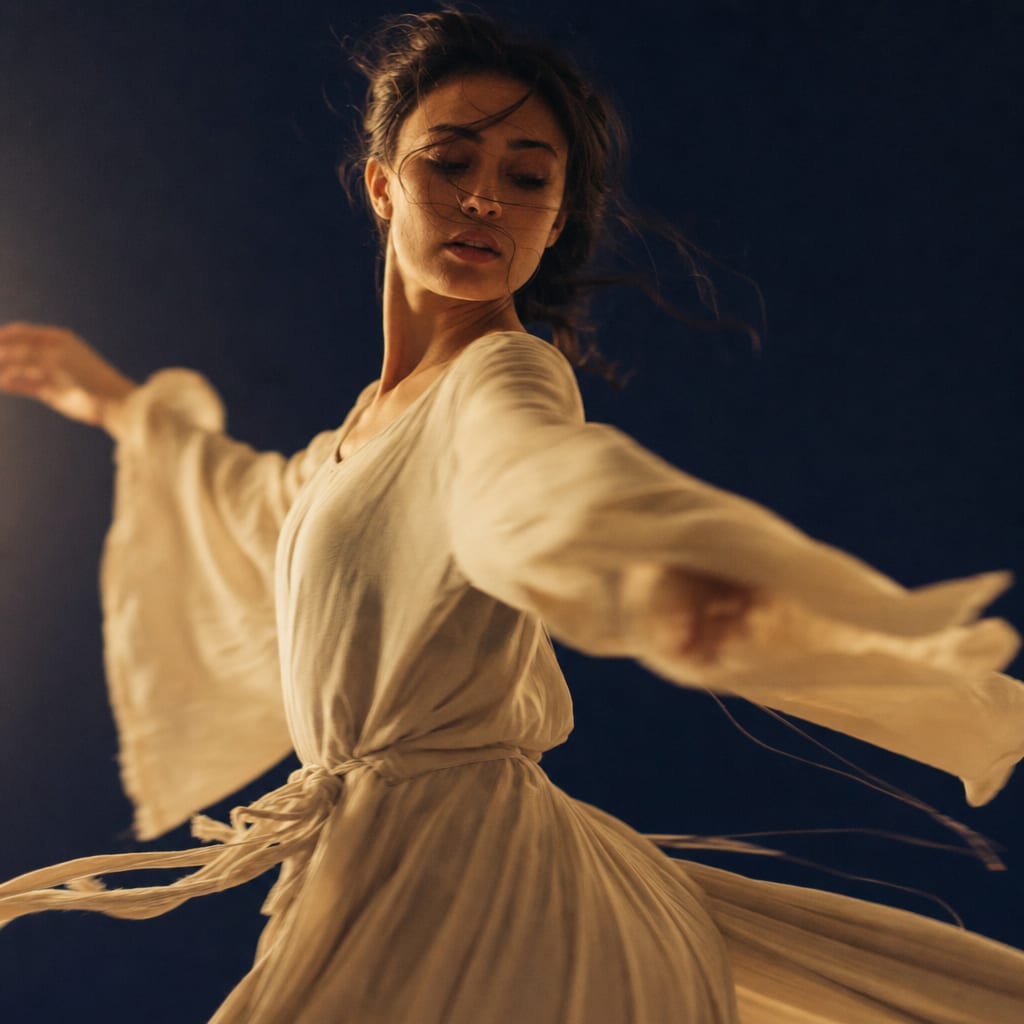 A dancer in a warm studio mid-spin, motion-blurred fabric, soft single softbox, deep navy backdrop.