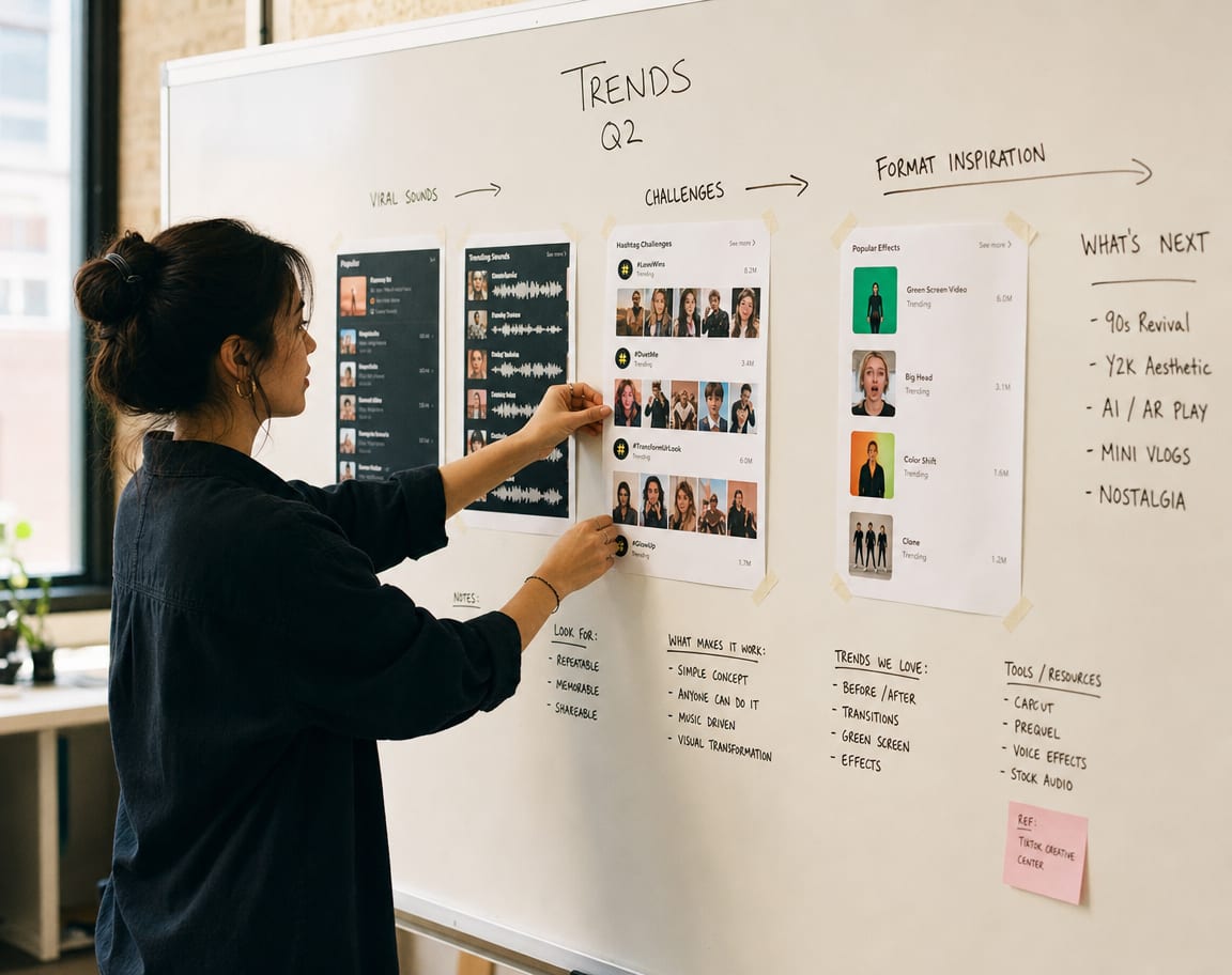 A wide editorial still of a strategist at a studio whiteboard taping printed trending sounds and challenges in a horizontal sequence.