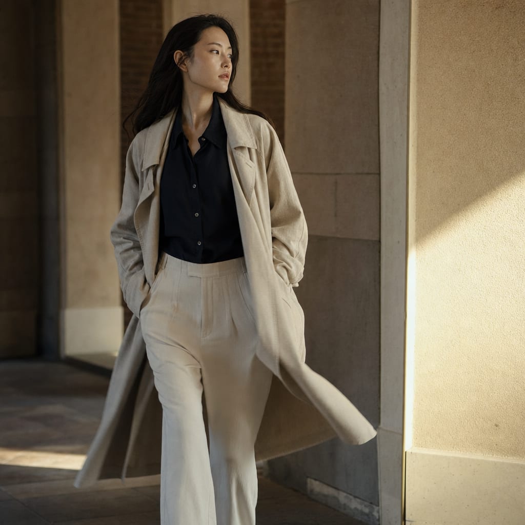 A still of a model in a linen coat walking through a sunlit corridor, motion-blurred at the hips.