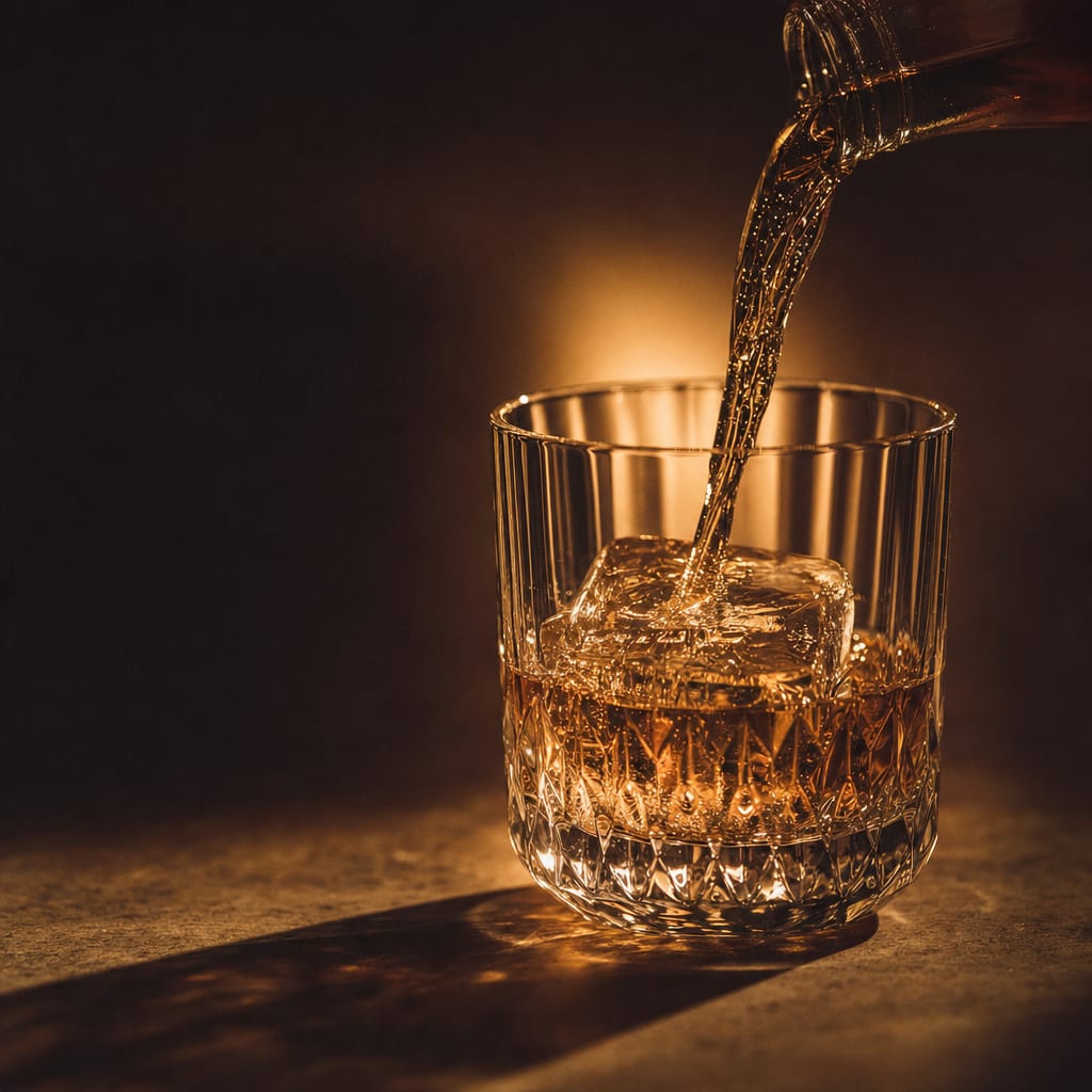 A cinematic macro of amber gin pouring over a single ice cube in a thick crystal tumbler.