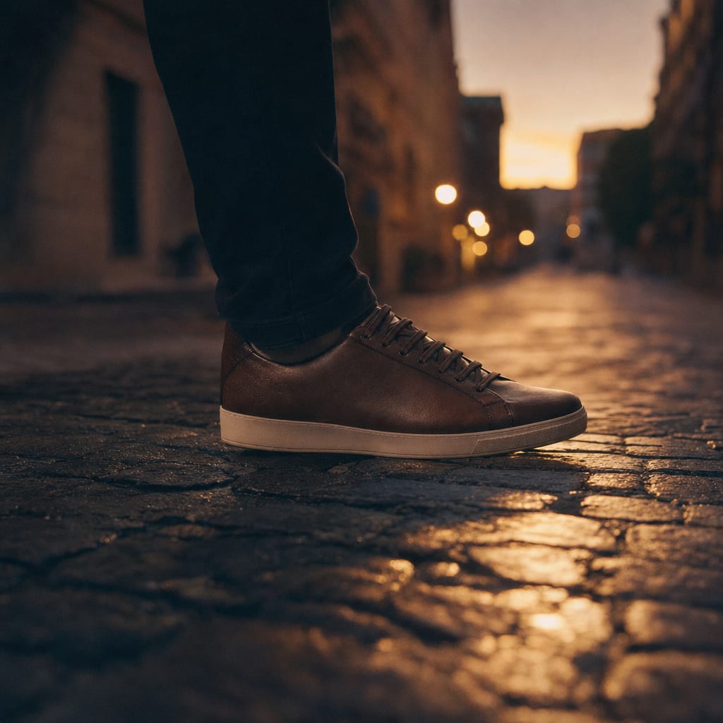 A low-angle film still of a leather sneaker stepping onto a wet cobblestone street at dusk.